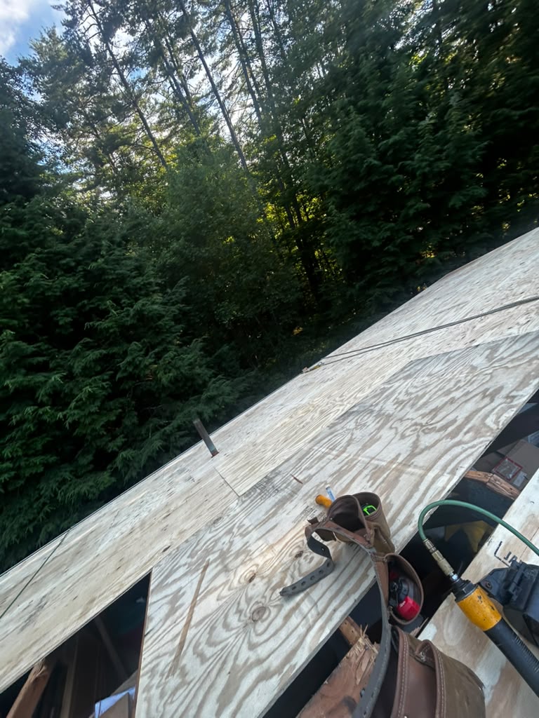 Worn asphalt shingles next to a new shingle roof section